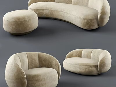 Modern Curved Sofa Set With Round Ottoman And Two Single Seaters In Neutral Beige Fabric 3d model