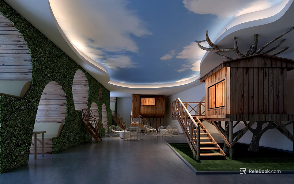 Enchanting Restaurant Interior With Greenery Wall Cloud Ceiling Wooden Treehouse And Staircases 3d model 