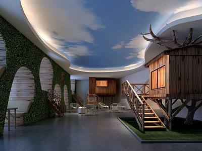 Enchanting Restaurant Interior With Greenery Wall Cloud Ceiling Wooden Treehouse And Staircases 3d model