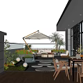 Rooftop Courtyard Garden With Wooden Deck Grill Dining Table Parasol And Circular Path 3d model
