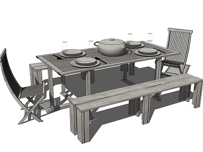 Outdoor Wooden Dining Table and Chairs Set with Bench Pot Plates and Glasses 3d model