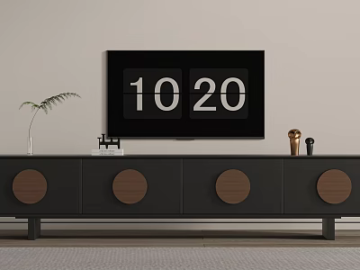 Modern Dark TV Stand With Black Screen Wooden Circular Panels And Decorative Items 3d model