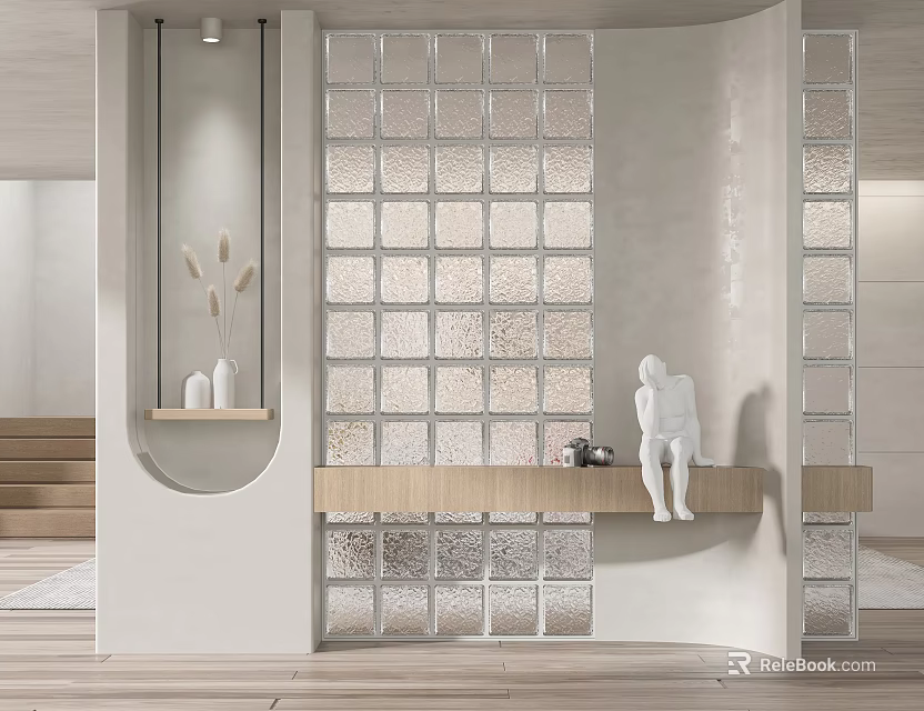 Modern Interior Design Glass Block Partition With Wooden Shelf And Decorative Statue 3d model 