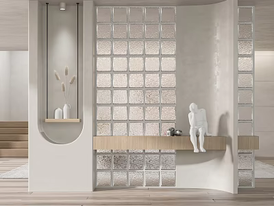 Modern Interior Design Glass Block Partition With Wooden Shelf And Decorative Statue 3d model