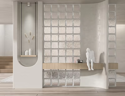 Modern Interior Design Glass Block Partition With Wooden Shelf And Decorative Statue 3d model