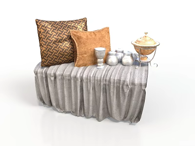 Stylish Furniture Bench With Decorative Pillows Gray Draped Fabric Silver Items And Covered Container 3d model
