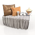 Stylish Furniture Bench With Decorative Pillows Gray Draped Fabric Silver Items And Covered Container