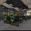 Modern Restaurant Interior With Unique Ceiling Pendant Lights Black Metal Partitions And Green Plants