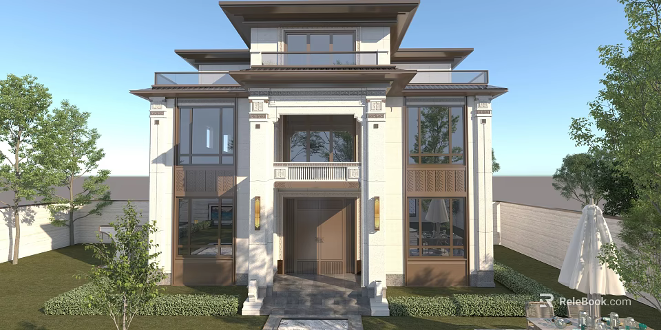 New Chinese Style Detached Villa Exterior With Two Story Structure Porch And Large Windows 3d model 