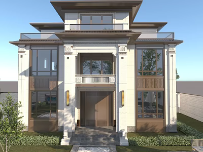 New Chinese Style Detached Villa Exterior With Two Story Structure Porch And Large Windows 3d model