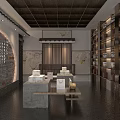 Chinese Tea Tasting Space With Wooden Shelves Stone Wall And Green Calligraphy Decor