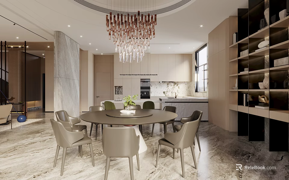 Elegant Modern Dining Room Interior With Round Table Chairs Crystal Chandelier And Marble Floor 3d model 