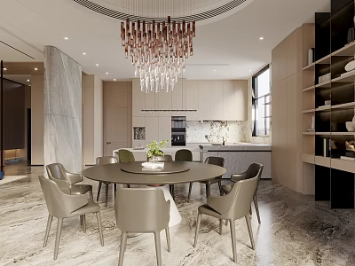 Elegant Modern Dining Room Interior With Round Table Chairs Crystal Chandelier And Marble Floor 3d model