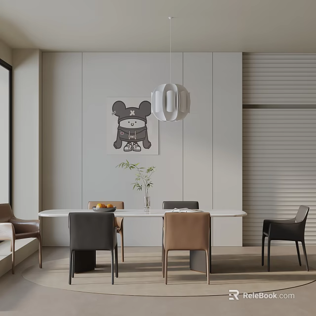 Minimalist Modern Dining Set With White Table Multi Colored Chairs Pendant Light And Wall Art 3d model 