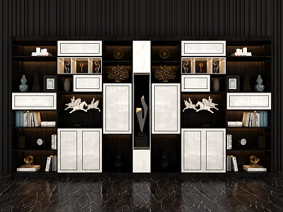 Modern Elegant Bookcase Interior Design With Symmetric White Cabinets Books And Decor 3d model