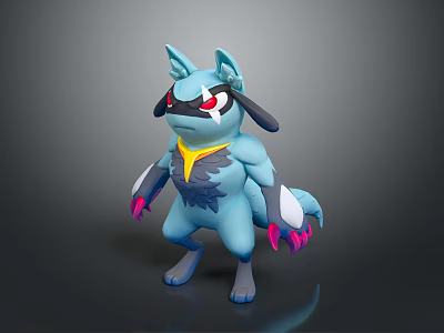 Anthropomorphic Blue Wolf Like Creature With Red Eyes Yellow Chest Marking And Pink Claws 3d model