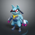 Anthropomorphic Blue Wolf Like Creature With Red Eyes Yellow Chest Marking And Pink Claws