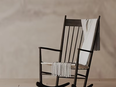 Comfortable Dark Wooden Rocking Chair With Light Blanket On Light Wall Wooden Floor 3d model