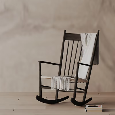 Comfortable Dark Wooden Rocking Chair With Light Blanket On Light Wall Wooden Floor 3d model