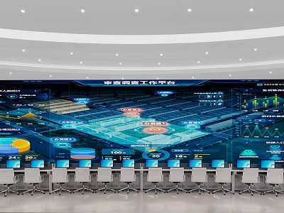 Modern Intelligent Monitoring Room With Large Digital Screens Control Workstations And Data Visualization 3d model