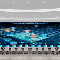 Modern Intelligent Monitoring Room With Large Digital Screens Control Workstations And Data Visualization