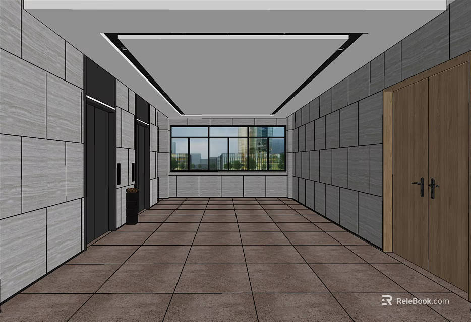 Modern Elevator Corridor with Gray Wall Panels Brown Tile Floor and Ceiling Light Strips 3d model