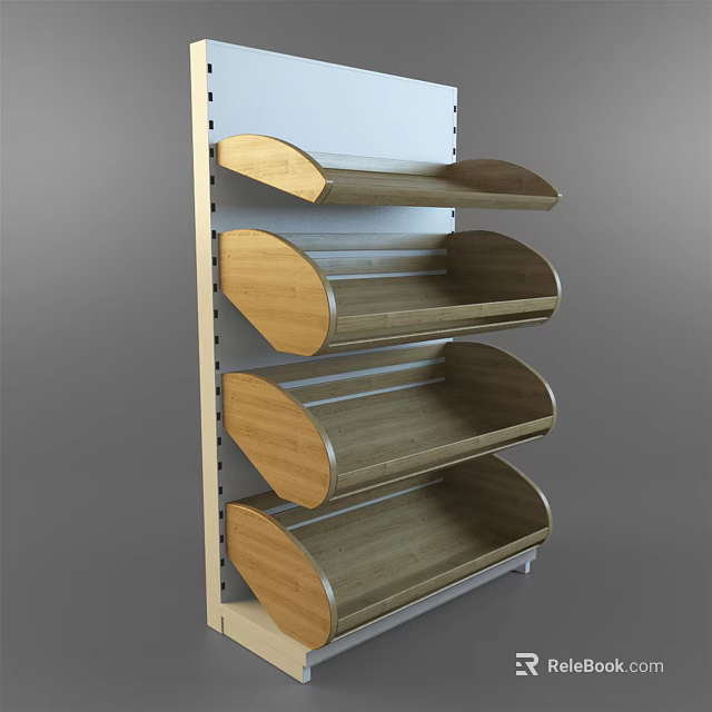 Modern Retail Display Shelf With Curved Wooden Layers And Metal Frame 3d model 