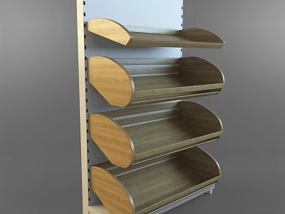 Modern Retail Display Shelf With Curved Wooden Layers And Metal Frame 3d model