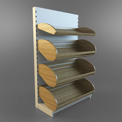 Modern Retail Display Shelf With Curved Wooden Layers And Metal Frame 3d model