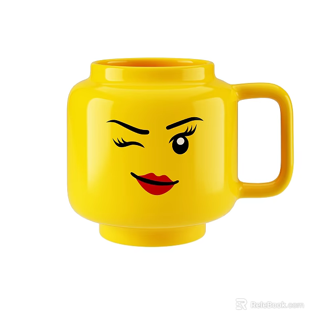 Tableware Set Featuring Yellow Lego Style Mug With Winking Eye And Red Lips Design 3d model