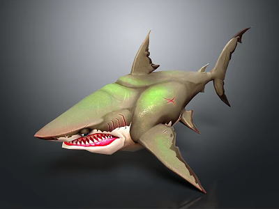 Cartoon Shark 3D Model With Open Mouth Sharp Teeth And Green Gray Body Red Accents 3d model