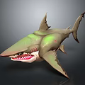 Cartoon Shark 3D Model With Open Mouth Sharp Teeth And Green Gray Body Red Accents