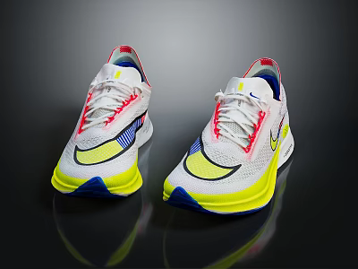 Stylish White Running Shoes With Yellow Blue Accents Red Laces Mesh Upper And Brand Logo 3d model