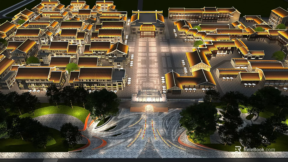 Traditional Ancient Architecture Gateway Facade With Curved Roof And Courtyard Lighting 3d model 