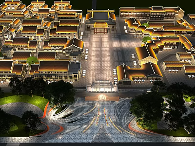 Traditional Ancient Architecture Gateway Facade With Curved Roof And Courtyard Lighting 3d model
