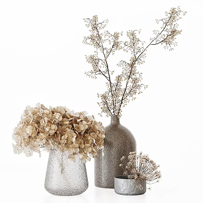 Elegant Beige Hydrangea And Dried Branches In Metallic Vases For Home Decor 3d model