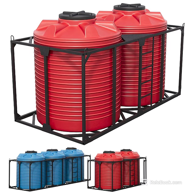 Red And Blue Water Storage Tanks Placed On Black Metal Frames 3d model 
