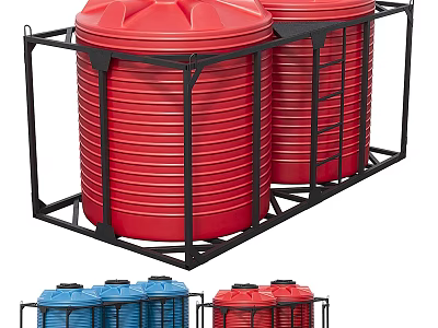 Red And Blue Water Storage Tanks Placed On Black Metal Frames 3d model