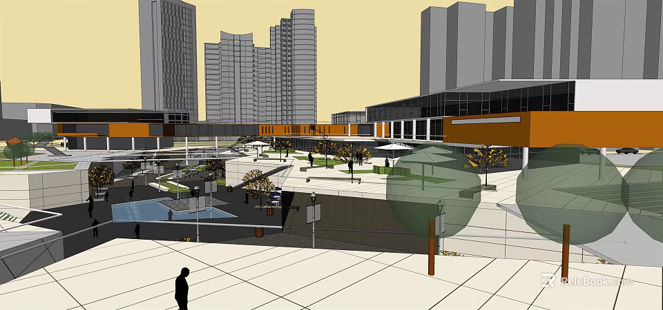Vibrant Commercial Street Plaza With Tall Buildings Trees And Pedestrians 3d model 
