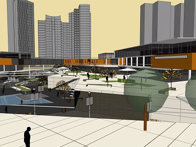 Vibrant Commercial Street Plaza With Tall Buildings Trees And Pedestrians 3d model
