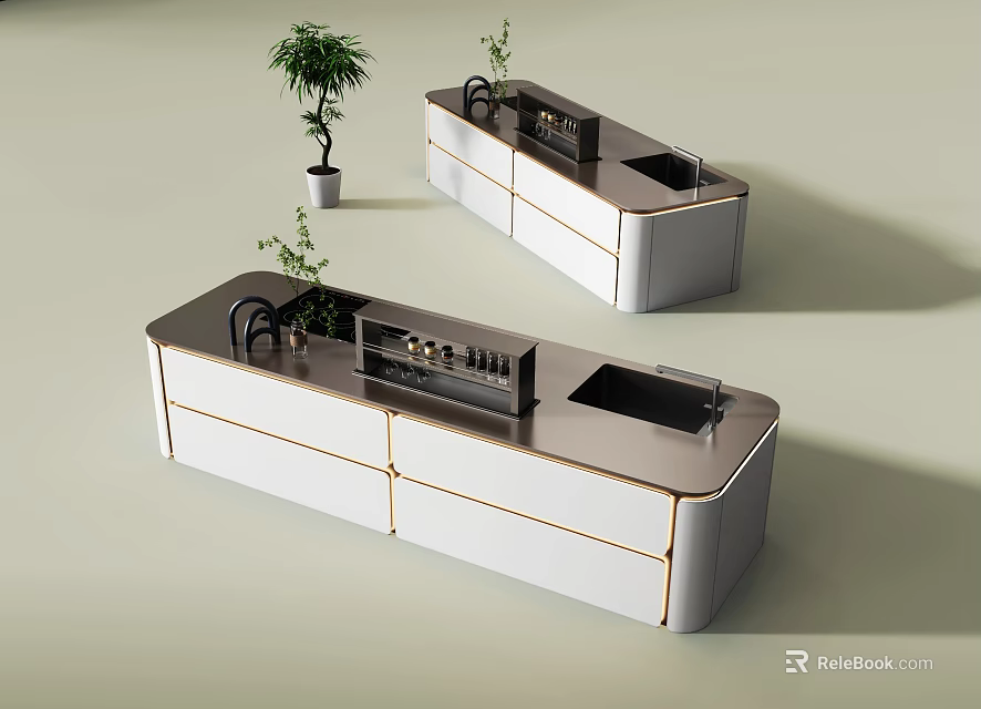 Modern Kitchen Cabinets Design With White Finish Gold Trim And Countertop Plants 3d model 