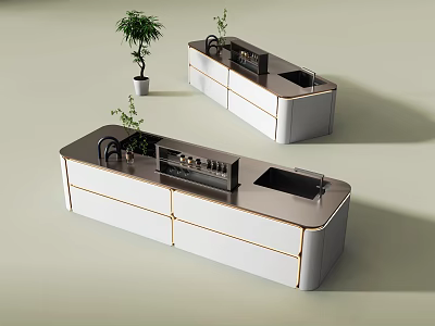 Modern Kitchen Cabinets Design With White Finish Gold Trim And Countertop Plants 3d model