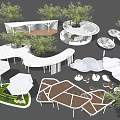Pergola Design With Circular Seating Areas White Structure And Green Trees