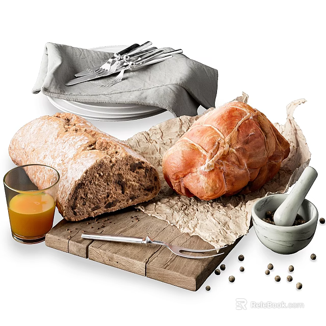 Appetizing Food Display With Bread Roast Meat And Orange Juice 3d model