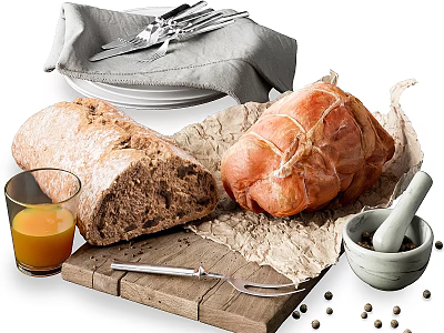 Appetizing Food Display With Bread Roast Meat And Orange Juice 3d model