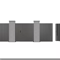 Modern Entrance Gate Featuring Dark Metal Panels And Stone Pillars In Closed Open Positions