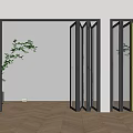 Modern Folding Doors with Black Frames Glass Panels Vertical Stripes Wooden Flooring and Green Plant