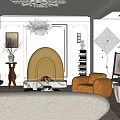 Elegant Modern Living Room Interior With Golden Fireplace White Chandelier And Orange Armchair