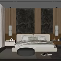 Modern Bedroom Interior With Marble Wall Panels Bedside Tables Table Lamps And Ottoman