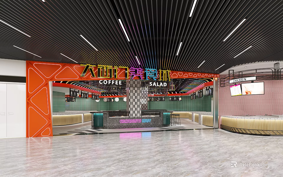 Modern Western Casual Dining Restaurant Featuring Coffee Salad Orange Geometric Decor And Checkered Bar 3d model 